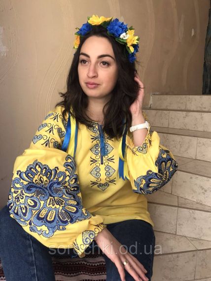 Блузка жіноча, синя, з червоною вишивкою "Княжна", домотканное полотно, ручна робота жовта з синьою вишивкою | Зображення 1