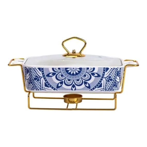 Марміт порцелянаовий із скляною кришкою 38х18.5х15.5 см на металевій підставці 1 л SA1107-S