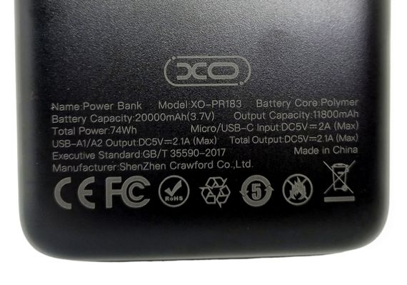 Power Bank 20000 mAh 2 А реальна ємність XO PR183 зарядка зовнішній акумулятор павербанк сертифікований | Зображення 4