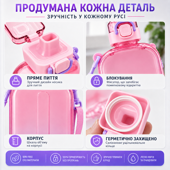 Эко-бутылка для воды 750 мл розовая градиент матовый, BPA-free с ремешком и мерной шкалой | Зображення 2