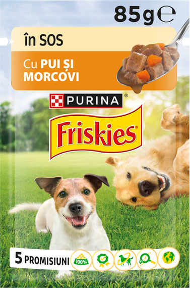Вологий корм пауч Purina Friskies pouch для дорослих собак, шматочки в підливі з куркою і морквою, 85г