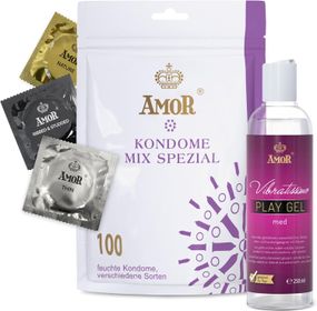 Презервативи та лубрикант - Amor Set Mix Condom, 100 шт. and Vibratissimo Play Gel Med, 250 мл