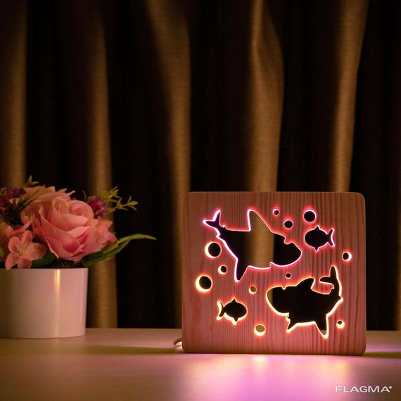 Светильник ночник ArtEco Light из дерева LED "Две акулы и рыбки" с пультом и... | Зображення 6
