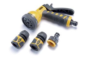 Набор: пистолет-распылитель 9 режимов, коннекторы: 1/2 аквастоп, 1/2, адаптер 1/2+3/4 СИЛА