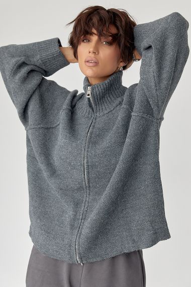В'язаний кардиган на блискавці вільного фасону - сірий цвет, ONE SIZE (є розміри)