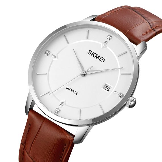Чоловічий годинник Skmei 1801LSIBN Silver-White Brown Leather | Зображення 1
