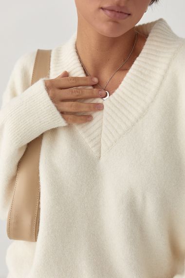 В'язаний однотонний пуловер вільного фасону - молочний цвет, ONE SIZE (є розміри) | Зображення 3