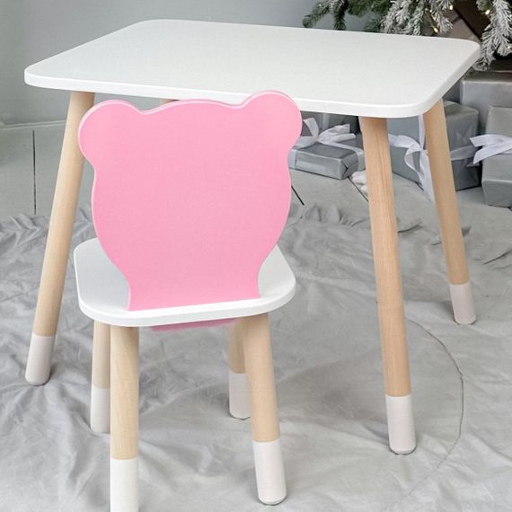 Прямокутний стіл і стільчик рожевий  дитячий ведмежа з білим сидінням. Столик білий дитячий | Зображення 2
