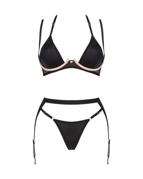 Комплект білизни Obsessive Selinne 3-pcs set XL/2XL Black, бюстгальтер, стрінги пояс для панчіх | Зображення 2