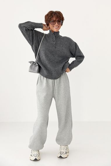 В'язаний светр з ґудзиками на горловині - темно-сірий цвет, ONE SIZE (є розміри) | Зображення 2