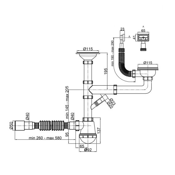 Сифон двойной для кухонной мойки Lidz (WHI) 60 05 M003 00 с отводом для стиральной машины (выход 50 мм) | Зображення 1