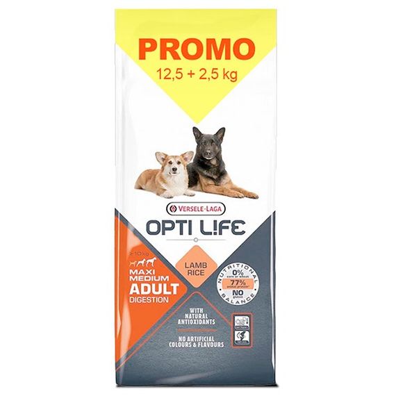 Сухий корм з ягням для собак середніх та великих порід Opti Life Adult Digestion Medium & Max, 12.5 + 2.5 кг