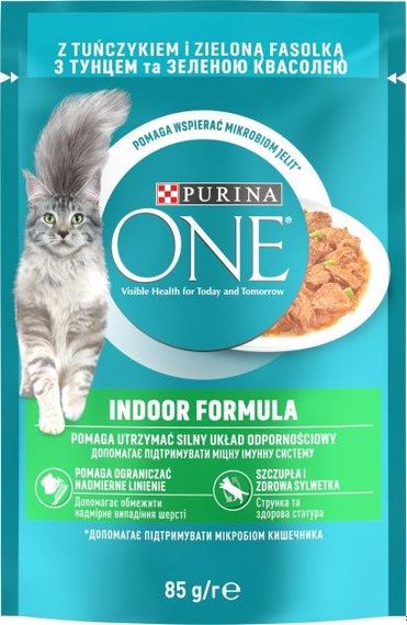 Влажный корм Purina One Indoor для котов тунец, зеленая фасоль в гриль-соусе 48шт*85г