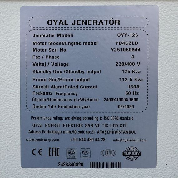 Дизельний генератор OYAL OYY-125 YANG DONG YD4GZLD 125KVA/100KW, Альтернатор OYL274D, витрата 75% навантаження - 13,6 | Зображення 5