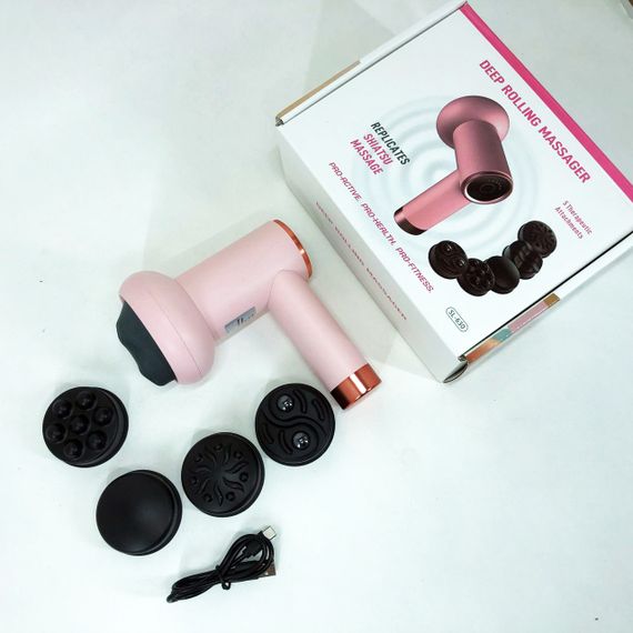 Масажер антицелюлітний для тіла рук та ніг 4 насадки 6 швидкостей Deep Rolling Massager. Колір: рожевий | Зображення 9