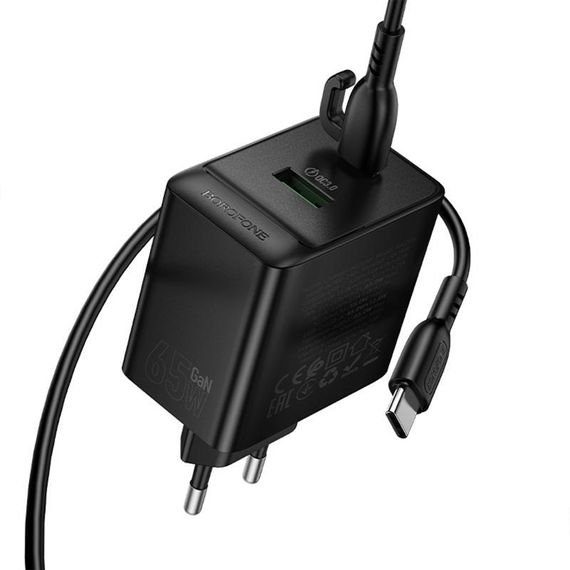 МЗП Borofone BAS17A Erudite PD65W+QC3.0 (1USB-A/1C) + кабель Type-C to Type-C Black | Зображення 5