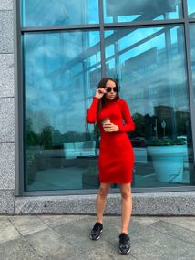 Женское вязаное платье-гольф в обтяжку теплое NO6599 размер единый 42-50 цвет красный