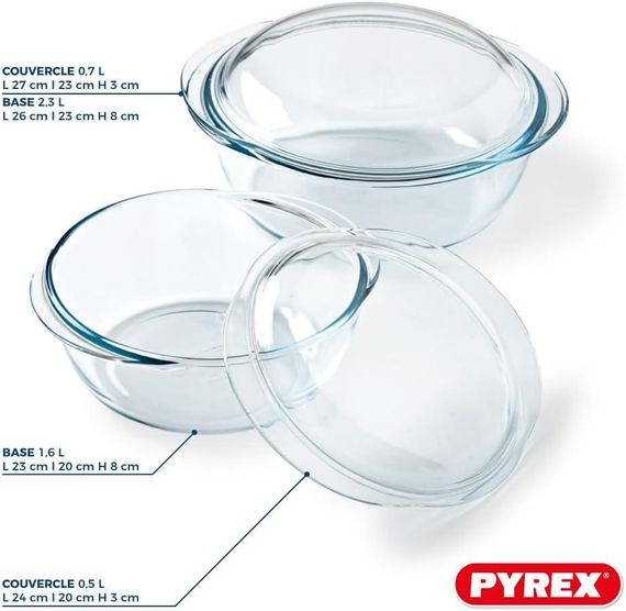 Жаровня с крышкой набор 2 шт, форма для запекания круглая прозрачная боросиликатное стекло, жаропрочная посуда | Зображення 3