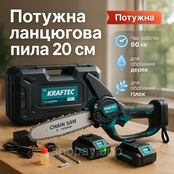 Акумуляторна ланцюгова міні пила 20 см у кейсі Krafftec (36V 4 Ач) + 2 акумулятори та індикатором заряду