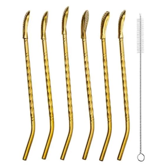 Набор многоразовых ложек-трубочек 6 шт для напитков 19.5 см с щеткой для мытья из нержавеющей стали Бронзовый HP-20-55