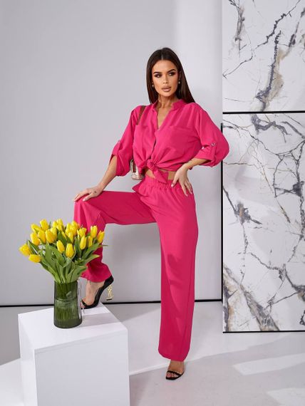 Женский легкий костюм рубашка и свободные брюки креп-жатка, UH378 размер 42, цвет малиновый | Зображення 2