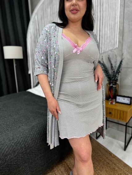 Піжамний сірий комплект: халат + нічна сорочка  PLUS SIZE | Зображення 1