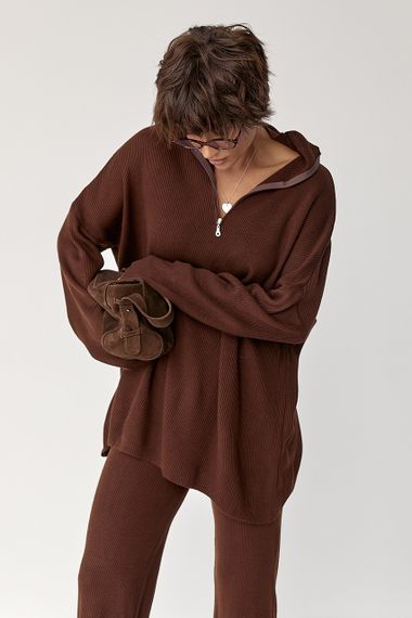 Вільний костюм в рубчик зі светром і прямими штанами - коричневий цвет, ONE SIZE (є розміри) | Зображення 2