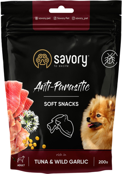 Мягкие лакомства Savory Soft Snacks для собак с антипаразитным эффектом, тунец и дикий чеснок 200г