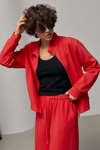 Однотонний спортивний костюм з кофтою на блискавці та штанами багі - червоний цвет, M (є розміри) | Зображення 2