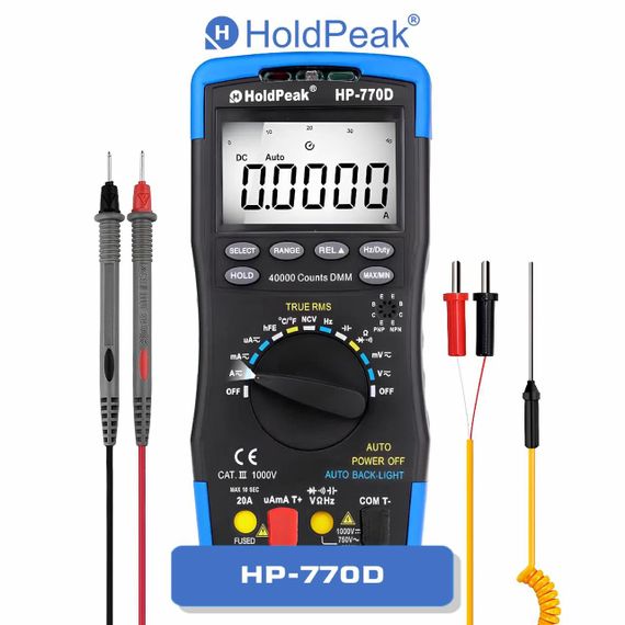 Мультиметр HoldPeak HP-770D профессиональный цифровой (TrueRMS 40000 отсчетов 1000В 20А AC/DC 40МОм 100мФ 1000