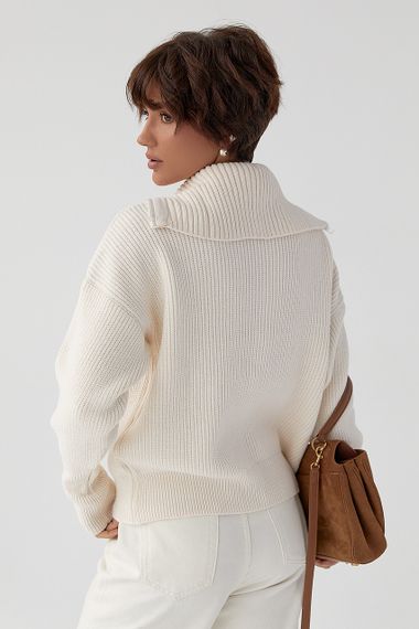 В'язаний кардиган на блискавці з високим коміром - молочний цвет, ONE SIZE (є розміри) | Зображення 1