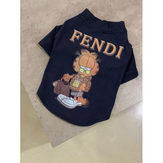 Брендовая футболка для собак FENDI с рыжим котом с сумкой, черная | Зображення 2