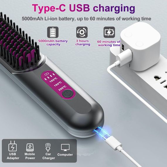 Бездротова щітка-випрямляч для волосся Homely Life — 5000 мА·год, компактна, з керамічним покриттям | Зображення 2