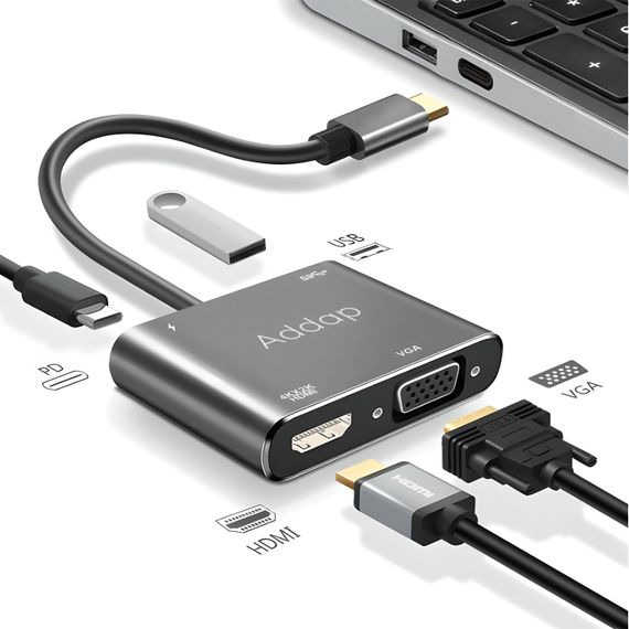 4в1: мультифункциональный адаптер для ноутбука USB Type-C хаб Addap MH-02: HDMI + VGA + USB 3,0 + USB-C PD | Зображення 2