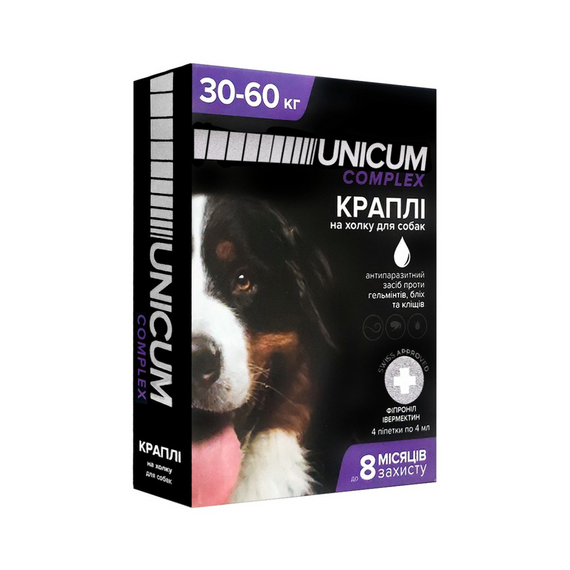 Краплі від бліх, кліщів та гельмінтів на холку для собак Unicum COMPLEX 30-60 кг (івермектин+фіпр)/1