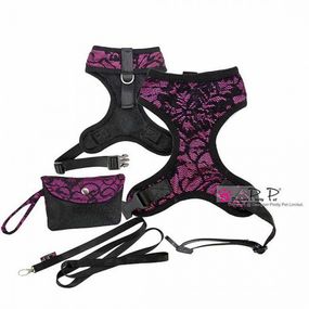 Шлея для собак Pretty Pet тканевая с кружевом, нейлоновые ремешки, с поводком, Fancy Lace фиолетовый