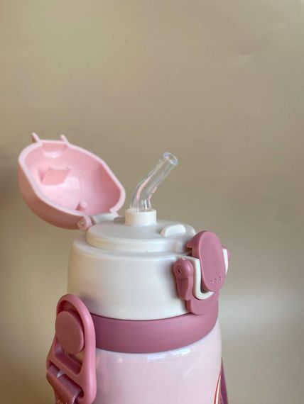 Термос дитячий для напоїв з трубочкою 450мл Рожевий з малюнком | Зображення 9