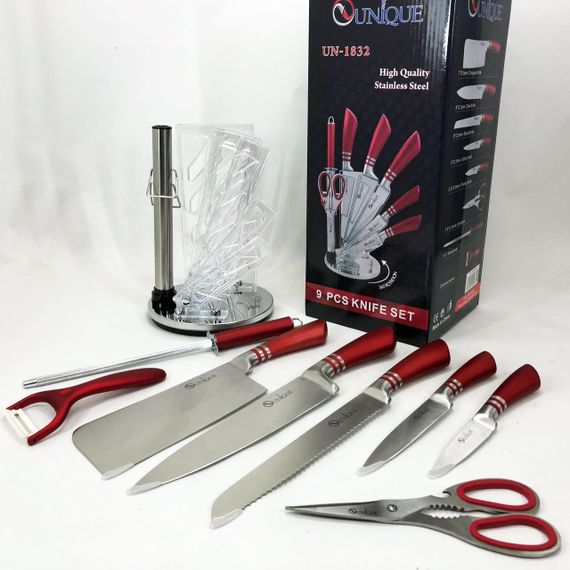 Набір ножів UNIQUE UN-1832 з підставкою 9 предметів овочечистка точилка ножиці Нержавіюча сталь | Зображення 1