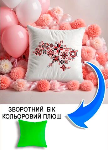 Подушка плюшева Мерч Крафт Дизайн з принтом Україна орнамент 2 салатовий плюш квадратна 33х33 см