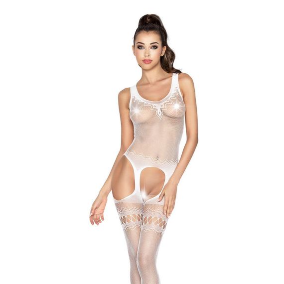 Бодістокінг Passion BS038 white, комбінезон, імітація панчох і пояса, S/M/L