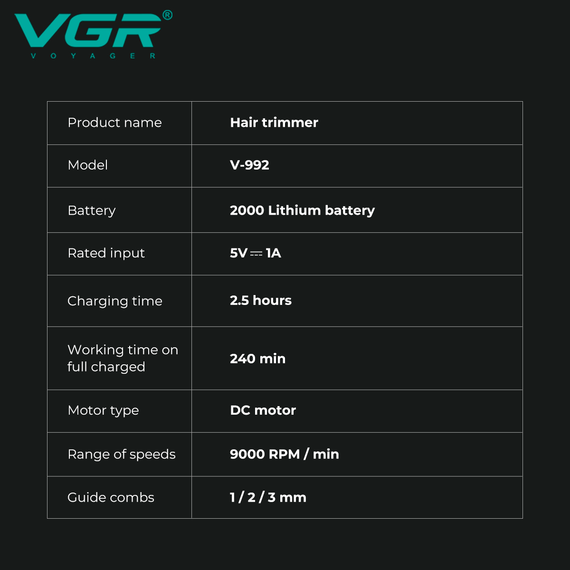 Триммер аккумуляторный VGR V-992 GREEN, 9000 RPM, 2000 mAh, 3 насадки, LED дисплей | Зображення 1