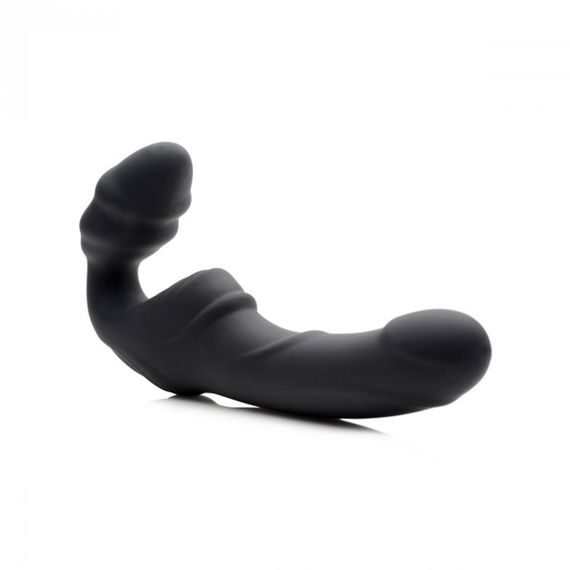 Жіночий вібрострапон Slim Rider Ribbed Ribbed Vibrating Silicone Strapless Strap On, чорний Sex Aura | Зображення 1