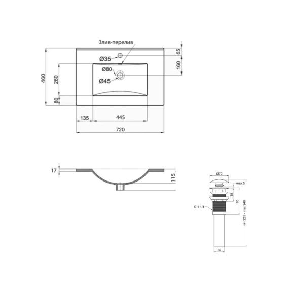 Комплект Albatross: Раковина врізна меблева 720x460x180 мм, White, прямокутна + Донний клапан Pop-up PU02O | Зображення 1
