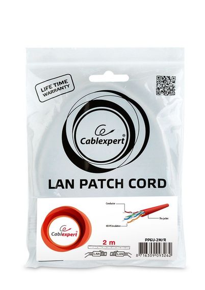 Патч корд Cablexpert PP6U-2M/R, UTP, категорія. 6, литий,  50u" штекер із фіксатором, 2 м, червоний | Зображення 3