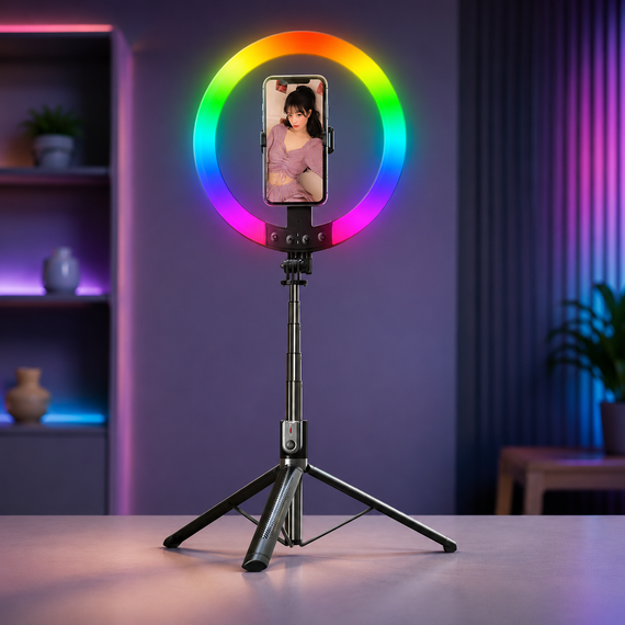 Селфи-палка с кольцевой RGB LED-лампой и функцией AI-авто-отслеживания / Штатив P100 с Bluetooth 5.2 Type-C | Зображення 5