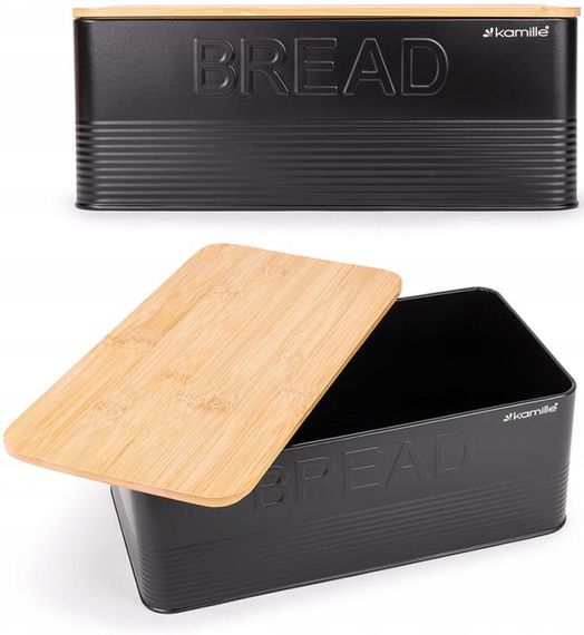 Хлібниця Kamille Black&Wood 36х22х20см з дерев'яною кришкою + 3 ємності для зберігання, чорна | Зображення 1