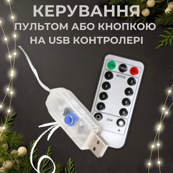 Гірлянда роса 10 метрів гірлянда капля роси з режимами Niki Light 100 лед гірлянда на пульті гірлянда юсб мультиколор | Зображення 1