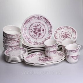 Столовий набір посуду тарілок і чашок 32 предмети на 6 персон «Бордовий Меандр» порцеляновий YY78-3A