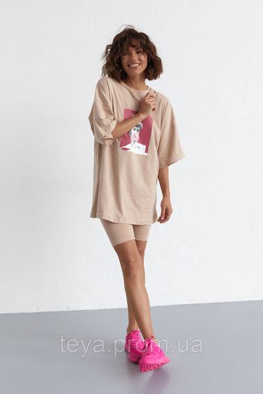 Жіночий костюм з футболкою oversize і велосипедками колір кавовий FL_000356 | Зображення 4