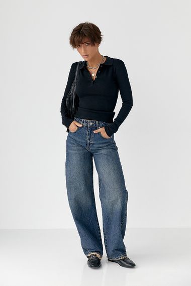 Приталена кофта-поло в рубчик - чорний цвет, L (є розміри) | Зображення 2